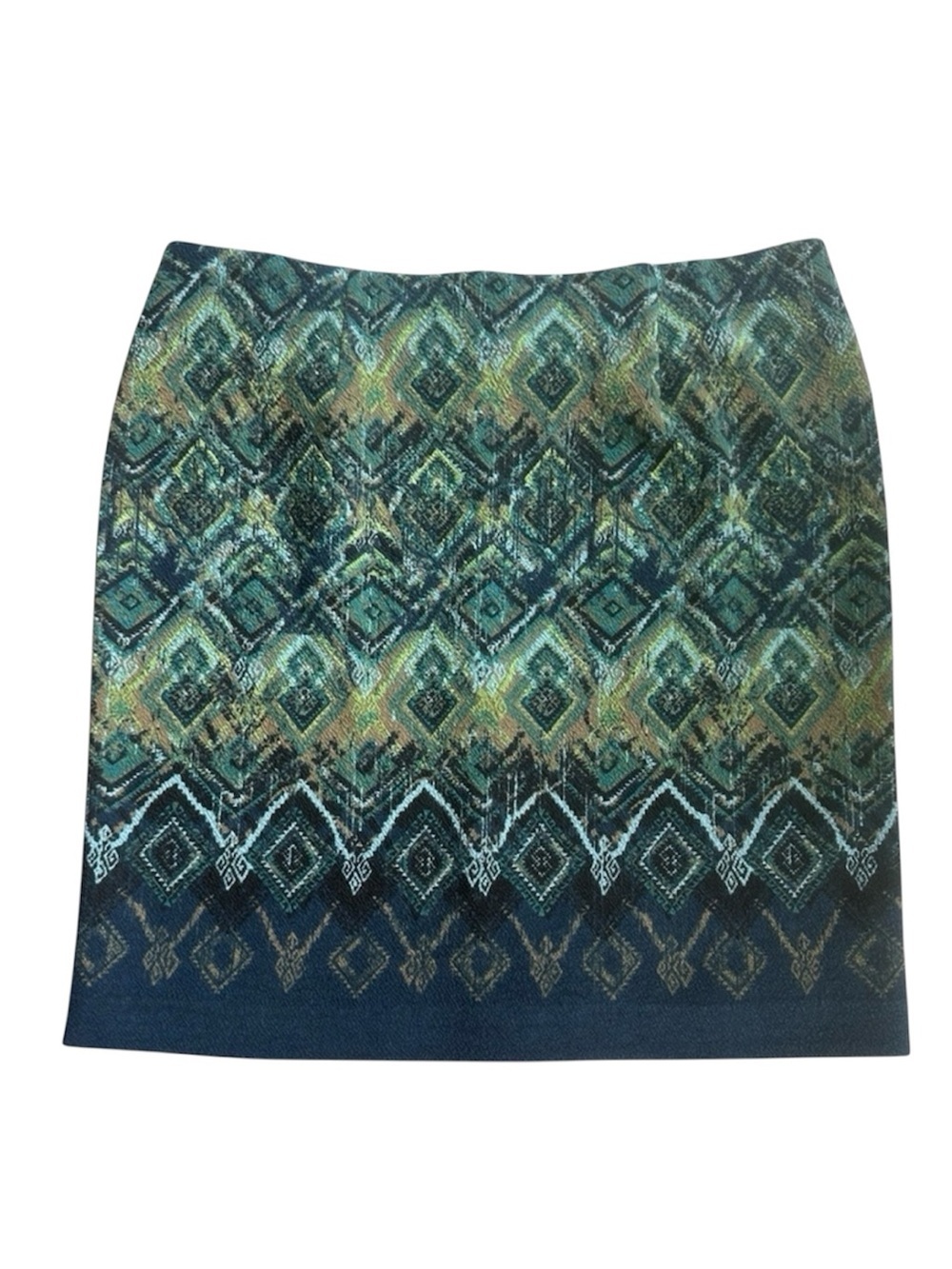 J. Jill NWT Pull On Knit Geometric Blue Green Pencil Skirt Stretchy Lined Sz L